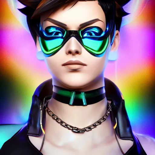 Image similar to portrait bust digital artwork of tracer overwatch, wearing black iridescent rainbow latex tank top, 4 k, expressive happy smug expression, makeup, in style of mark arian, angel wings, wearing detailed black leather collar, chains, black leather harness, detailed face and eyes,