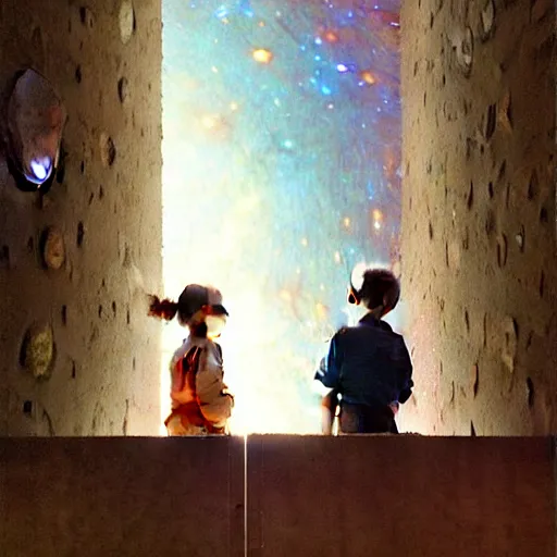 Prompt: a 1 2 year old boy and 1 0 year old girl looking at a wall and viewing the universe full of galaxies, part by norman rockwell, part by greg rutkowski, part by mattias adolfsson, high angle, ( ( ( ( volumetric lighting ) ) ) ), oil on canvas - 7 6 8