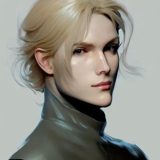 Image similar to Blonde Girl from Metal Gear Solid with thin lips, pronounced cheekbones, hair of medium length (longer caret), highly detailed, digital painting, artstation, concept art, smooth, sharp focus, illustration, ArtStation, art by artgerm and greg rutkowski and alphonse mucha and J. C. Leyendecker and Edmund Blair Leighton and Katsuhiro Otomo and Geof Darrow and Phil hale and Ashley wood and Ilya repin and Charlie Bowater