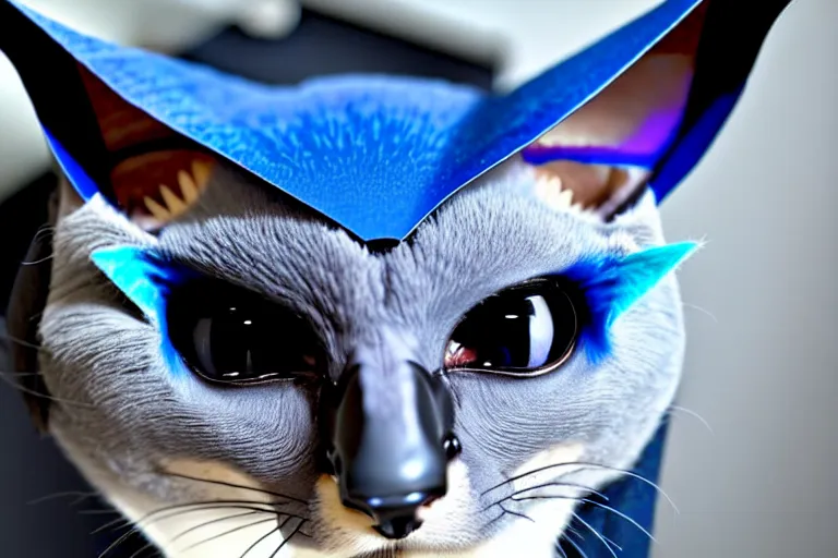 Image similar to a blue - and - black male catbat fursona with blue / green heterochromatic eyes and huge bat ears, photo of the catbat streaming on his computer