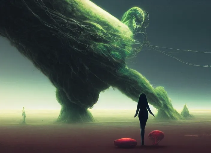 Prompt: rgb, tiny woman looking at a giant monster over the horizon, dynamic pose, on an alien planet, movie scene, inspired by zdzislaw beksinski, clothes made out of veins,, cables everywhere, bedroom, ultra realistic, concept art, intricate details, highly detailed, photorealistic, octane render, 8 k