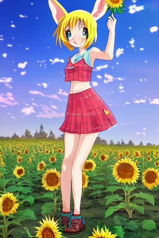 Prompt: Tonemapped Cheerful anime girl with bunny hat in the style of Makoto Shinkai and Yun Koga with a field of sunflowers in background