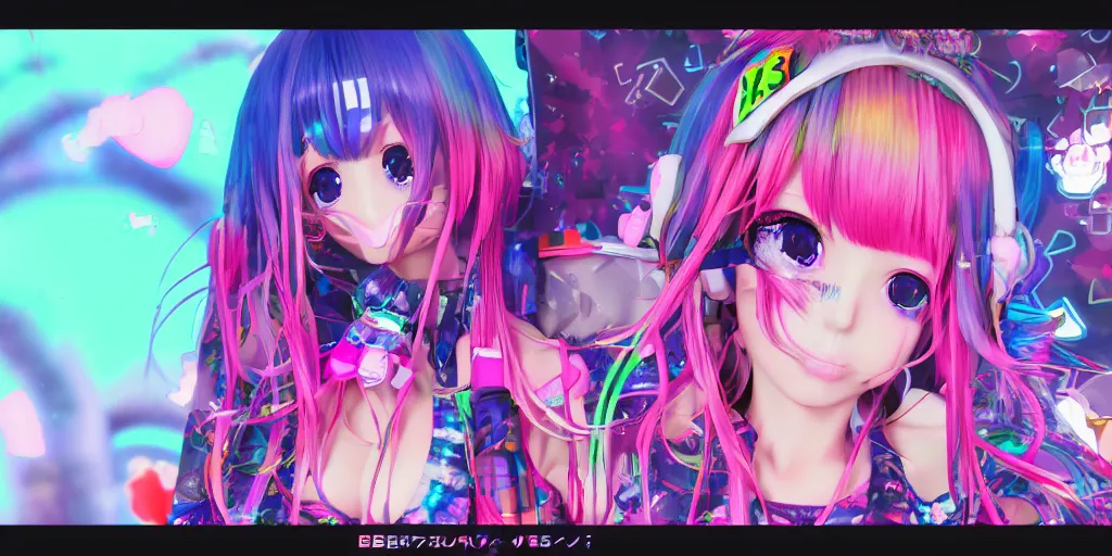 Image similar to 3 d anime decora gyaru kawaii fashion model, v tuber, darling in the frank, asuka, anime best girl, with glitch and scribble effects, psychedelic colors, 3 d render octane, by wlop, wenjr, beeple, artstation, imaginefx