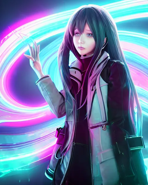 Image similar to beautiful portrait of a woman with pastel long hair with her eyes closed facing the camera centered with headphones on in the style of a code vein character, momo from twice in code vein in the style of WLOP, artgerm, yasutomo oka, rendered in unreal engine and redshift octane , background is surrounded by epic neon glitch effect digital art dynamic dramatic lighting, soft lighting, imagine fx, artstation, cgsociety, by Bandai Namco artist,