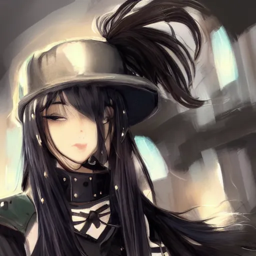 Image similar to portrait of a beautiful girl with long black hair, wearing police riot uniform, drawn by WLOP, by Avetetsuya Studios, attractive character, colored sketch anime manga panel, trending on Artstation