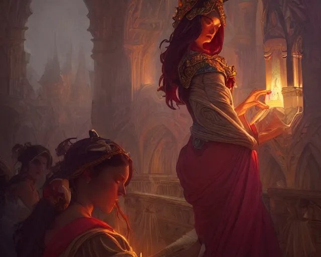 Image similar to women worshiping god, deep focus, d & d, fantasy, intricate, elegant, highly detailed, digital painting, artstation, concept art, matte, sharp focus, illustration, hearthstone, art by artgerm and greg rutkowski and alphonse mucha