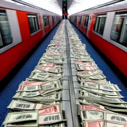 Image similar to Deutsche Bahn train, piles of money