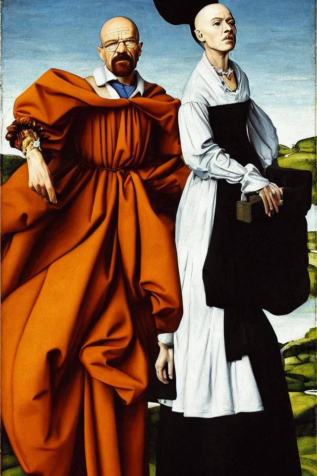 Prompt: walter white in drag, looking hella spiffy, oil painting, raphael high renaissance, trending in the 1500s