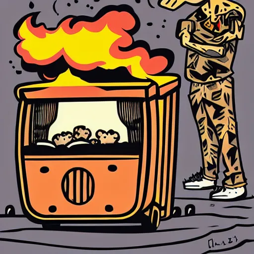 Image similar to Dumpster on fire by Mcbess