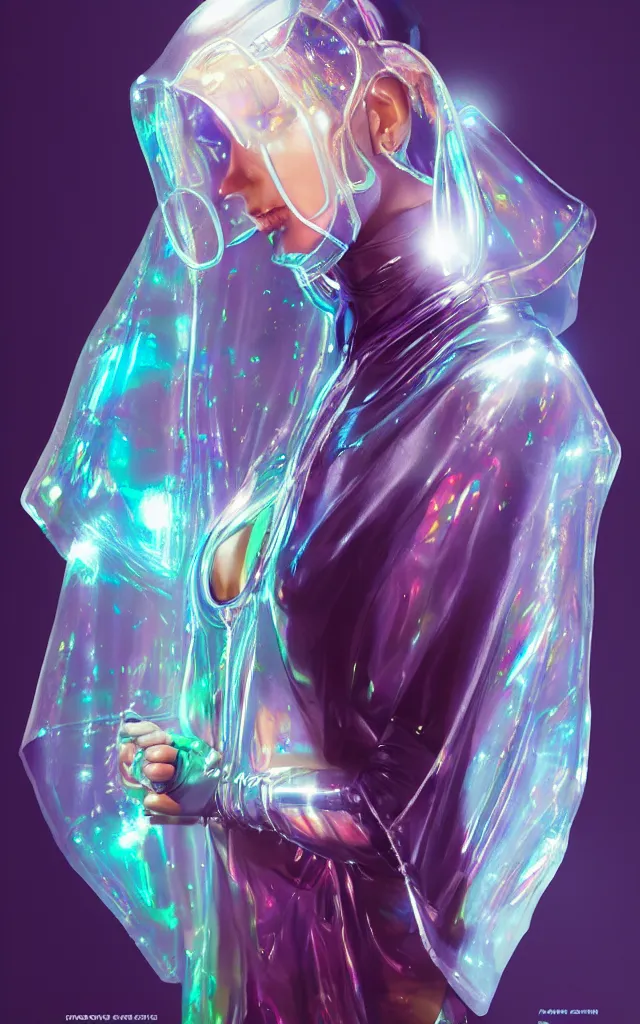 Image similar to transparent poncho, holographic plastic, pearl shine translucency, fashion design, neon illumination, qr detailed sleeves, sport photoshoot, digital art, highly detailed, character design, artstation, concept art, art by artgerm, greg rutkowski, craig mullins, stanley artgerm lau, wlop, ross tran, james jean