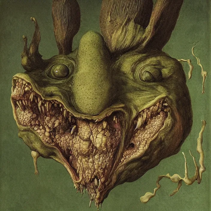 Image similar to close up portrait of a mutant monster creature with cheeks covered in purulent pustules, pimples at different stages, some fresh, some bursting with a whitish fluid ; pleasant, flirty green eyes, very large transparent bat ears. jan van eyck, walton ford
