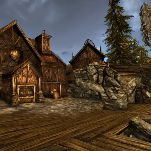 Image similar to Elder Scrolls Skyrim game screenshot of a large house shaped like a fox, made of wood