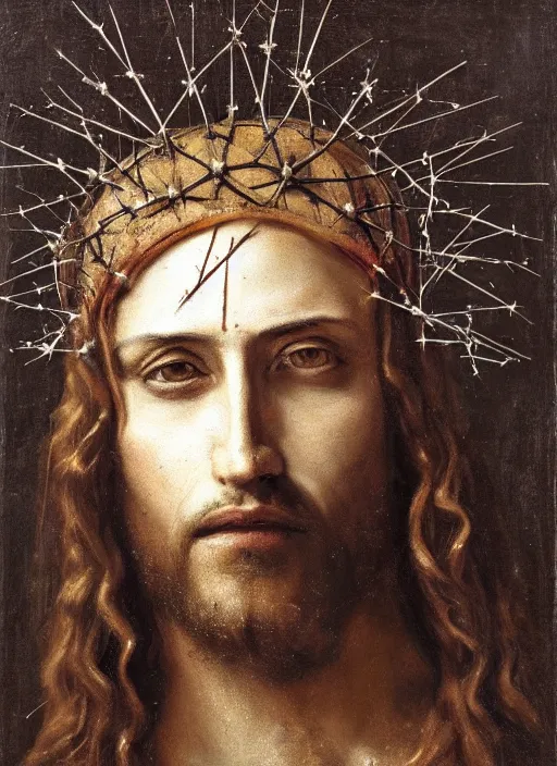 Image similar to portrait of jesus christ wearing a crown of thorns, by nicola samori, painting, 8 k, high detail