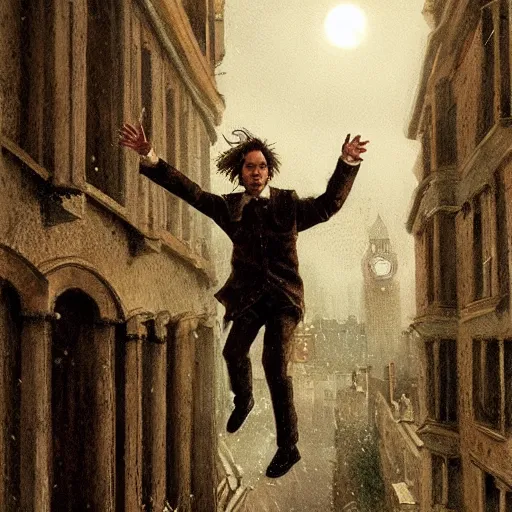 Image similar to frank dillane jumping between rooftops in london, old english clothes, night, full moon, highly detailed, by greg rutkowski