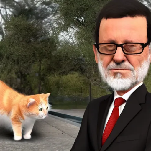 Prompt: mariano rajoy petting kitties, realistic, 4k, unreal engine, lumine,