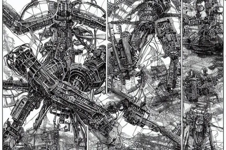 Prompt: dieselpunk mechs in shape of dragonfly that look like Dragonfly, inside an gigantic underground concrete doom hangar, interior structure, drains, storm drains, jungle, vines, algea, cables, panels, walls, ceiling, floor, doors, brutalist architecture, intricate ink drawing, highly detailed in the style of Ashley Wood, moebius and Tsutomu Nihei, photorealistic, cinematic, intricate detail, well lit,