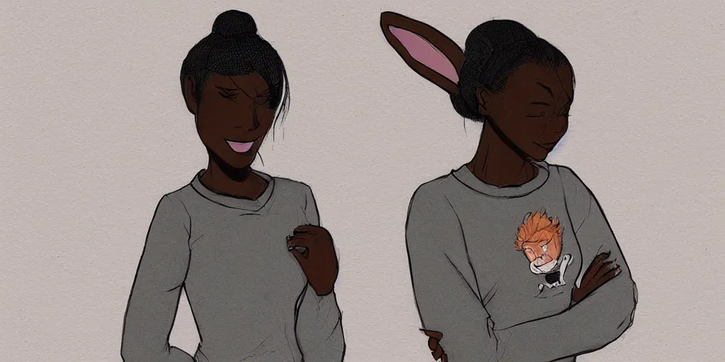 Image similar to women, dark skin, ginger, cartoon, sweatshirt, concept art, concept art, bunny ears,