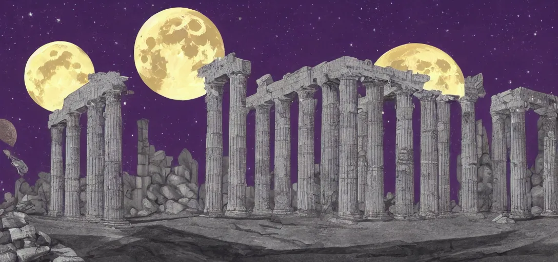 Image similar to The fall of the Silver Millennium from Sailor Moon, digital painting, Greek-esque columns and ruins on the moon