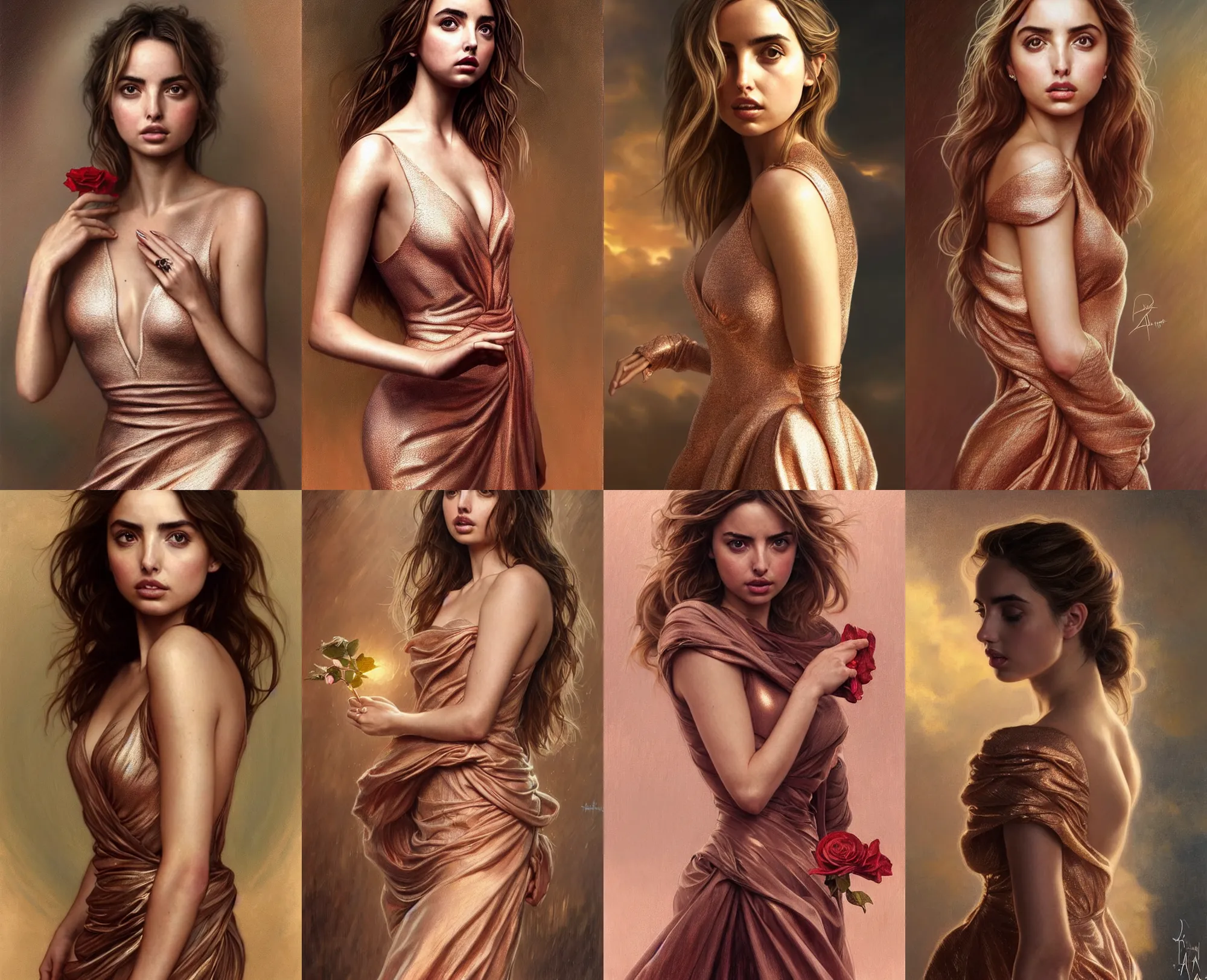 Prompt: Ana de Armas with a rose gold dress, with no derpy face, hyper realistic portrait, intricate, elegant, highly detailed, digital painting, artstation, concept art, HDR, High Dynamic Range, sharp focus, illustration, art by artgerm and greg rutkowski and alphonse mucha
