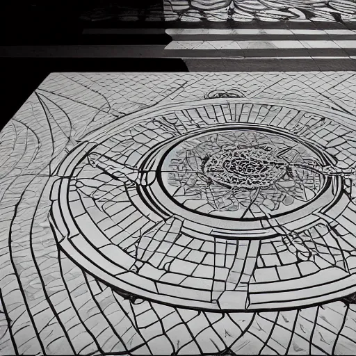 Image similar to art nouveau floor pattern, geometric, interlocking, solar system, scifi inspired, foundation, thin lines, black and white by paul chadeisson, greg rutkowski