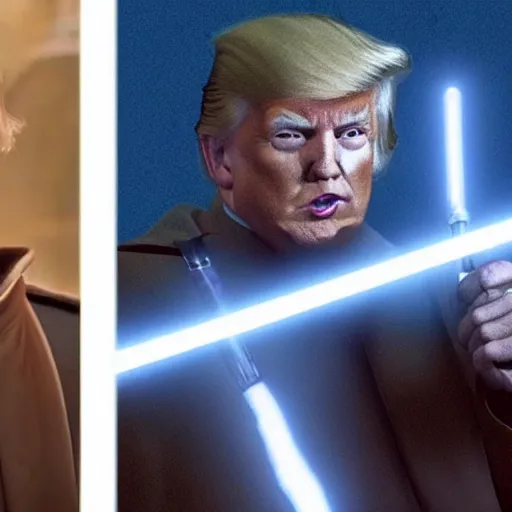 Prompt: A film still of Donald Trump as a Jedi king realistic,detailed