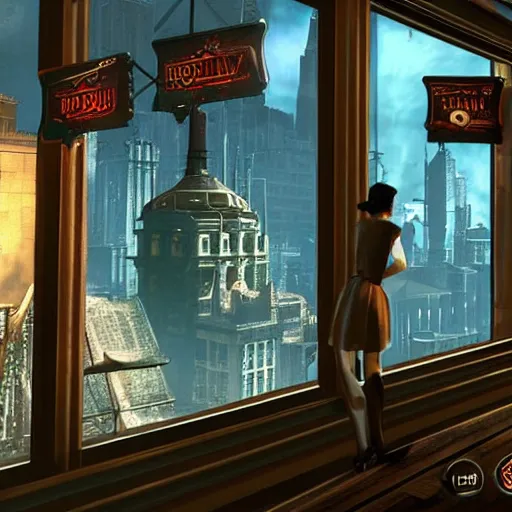 Image similar to In the world of rapture from the world of bioshock you are in a bar, there is a window that lets you see the whole city and you are drinking a rum and coke