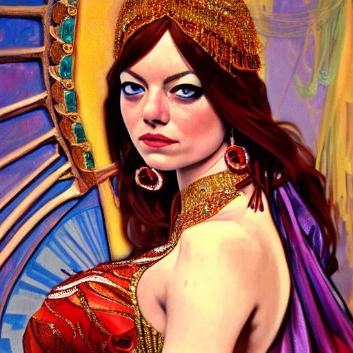 Image similar to a photorealistic portrait of emma stone dressed as a belly dancer, arabian night, high quality, fully detailed, 4 k, in focus sharp face with fine details, realistic hand details and anatomy composition, inspired by belly dancer on youtube, alphonse mucha, masterpiece, stunning