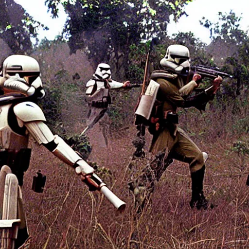 Image similar to star wars clone troopers combat soldiers in vietnam, photo, old picture, lush landscape, jungle, firearms, explosions, helicopters, aerial combat, active battle zone, flamethrower, air support, jedi, land mines, gunfire, violent, star destroyers, star wars lasers, sci - fi, jetpacks, agent orange, bomber planes, smoke, trench warfare