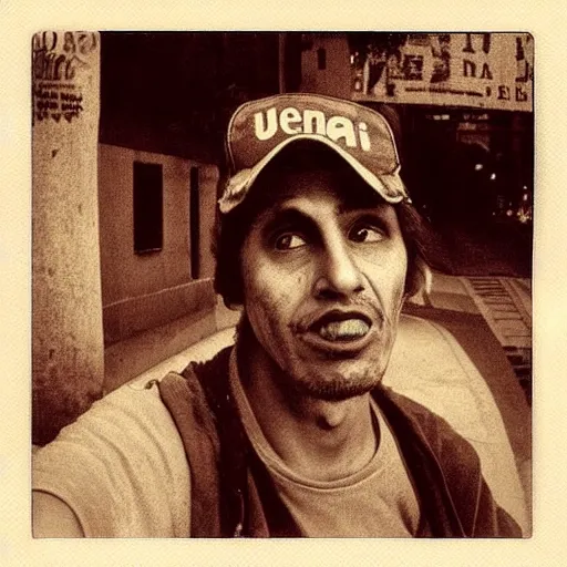 Prompt: polaroid picture, sepia, homeless manu chao in the streets of bogota, ethereal, trending on artstation