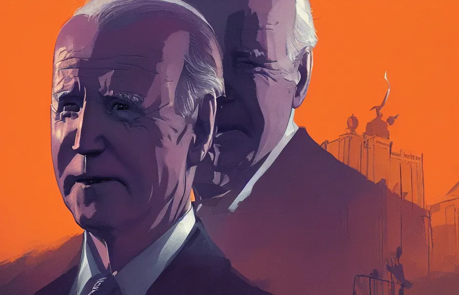 Prompt: Joe Biden casts a long shadow, by Greg Rutkowski and Dave McKean orange and purple color palette