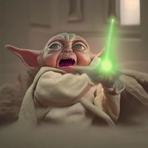 Image similar to screaming baby yoda having a tantrum, intricate detail, beautiful aesthetic, photorealistic, award winning professional cinematic composition, volumetric lighting, 8 k