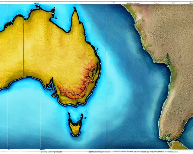 Prompt: recently rediscovered map of Australia with river systems and topology, lifelike, super highly detailed, professional digital painting, artstation, concept art, smooth, sharp focus, extreme illustration, Unreal Engine 5, Photorealism, HD quality, 8k resolution, cinema 4d, 3D, beautiful, cinematic, art by artgerm and greg rutkowski and alphonse mucha and loish and WLOP