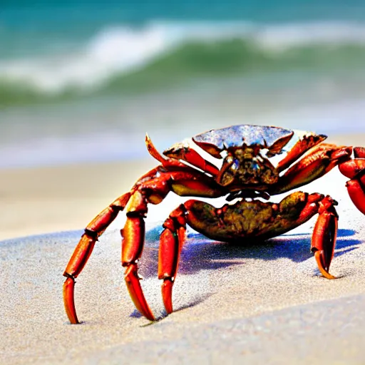 Prompt: a crab riding a bicycle on the beach