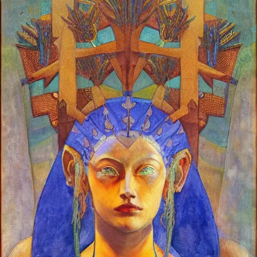 Image similar to the forest crown, by Annie Swynnerton and Nicholas Roerich and Diego Rivera, blue skin, elaborate costume, geometric ornament, rich color, dramatic cinematic lighting, smooth, sharp focus, extremely detailed