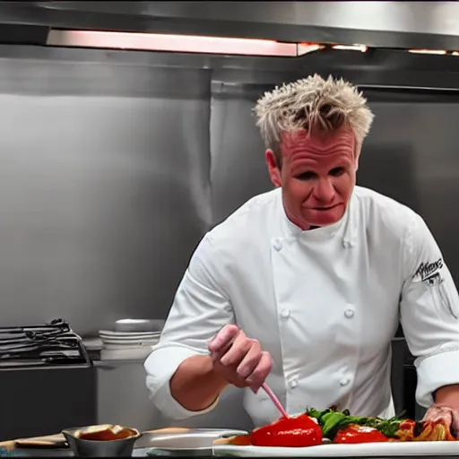 Image similar to hyper real Gordon Ramsey cooking a unicorn in kitchen 4k