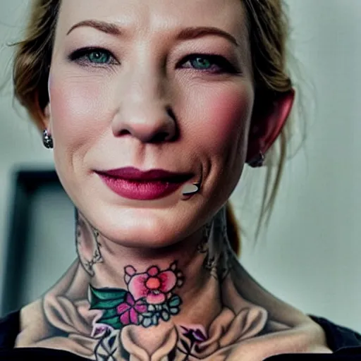 Prompt: full body yakuza tattooed cate blanchett, nose ring, 4k