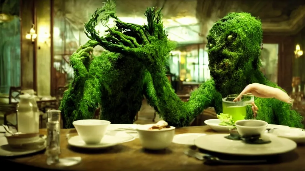 Prompt: the strange creature in the restaurant likes to eat, made of Chlorophyll and oil, film still from the movie directed by Denis Villeneuve with art direction by Salvador Dalí