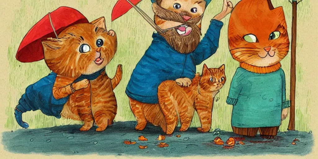 Image similar to a beard man and an orange tabby kitten standing in the rain by richard scarry