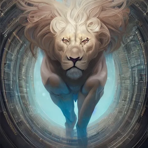 Prompt: aesthetic portrait commission of a albino muscular and attractive anthro lion floating inside a floating soap bubble like as if it was in the womb in a blue cloudy sky with clouds orbiting the bubble like a planet, minimalistic art, hyperdetailed. Character design by charlie bowater, ross tran, artgerm, and makoto shinkai, detailed, inked, western comic book art, 2021 award winning painting