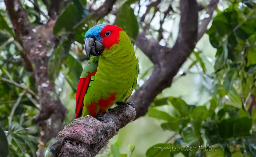 Prompt: a red-winged parrot, sitting in the trees surrounded by salami