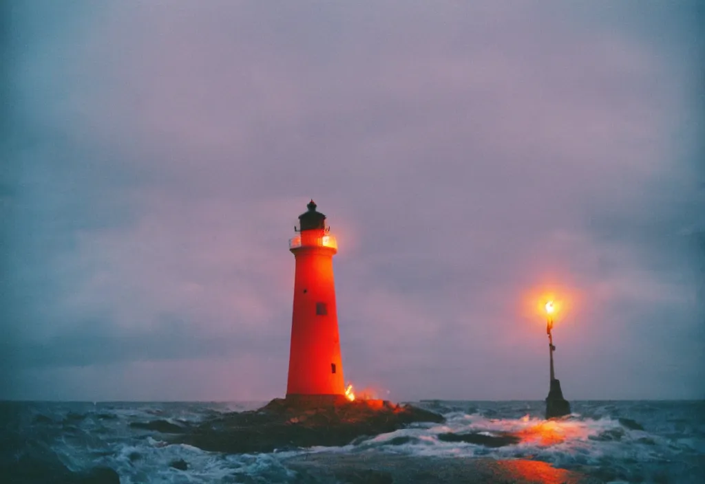 Image similar to lomo photo of burning lighthouse in the middle of a stormy sea, cinestill, bokeh, out of focus, night, dramatic lighting, streetlight