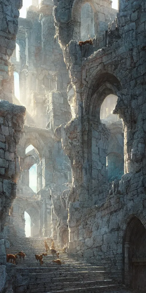 Image similar to a herd of goats!! climbing stairs in a beautiful fantasy castle made from white stone and bright copper, medieval city, metropolis, magic, tall towers, sunlight, white marble, god rays, digital art, landscape, fantasy art, octane render, unreal engine, high detail, very realistic, by greg rutkowski. by james gurney