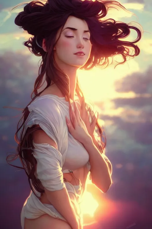 Image similar to full body falling through the sunset sky windy hair zero gravity floating seductive meditation goddess in the style of artgerm, wlop, greg rutkowski, alphonse mucha and ayami kojima, realistic details, volumetric lighting, very very very very beautiful symmetrical face, trending on artstation, artstationhd, artstationhq, unreal engine, 4 k, 8 k
