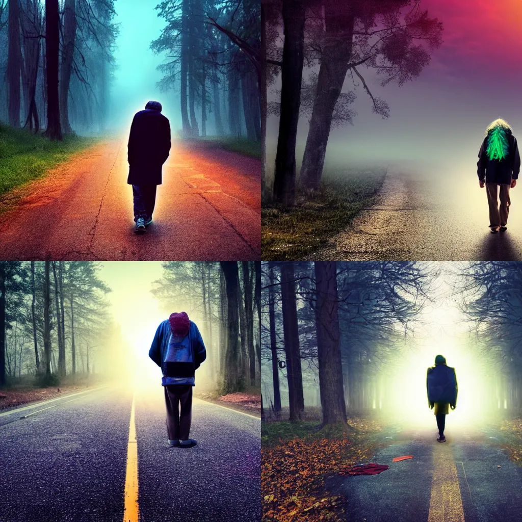 Prompt: a sad rumpled old homeless with torn clothes goes into the distance with his torn old backpack, neon road, magical sunset, gloomy forest, magical fog, depression, post - apocalypse