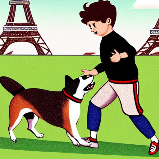 Image similar to illustration of french boy in paris playing football against a corgi, the dog is wearing a polka dot scarf