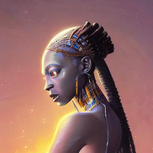 Image similar to highly detailed portrait of an african egyptian goddess entering the voidspace, intricate alien technology, stephen bliss, unreal engine, fantasy art by greg rutkowski, loish, rhads, ferdinand knab, makoto shinkai and lois van baarle, ilya kuvshinov, rossdraws, tom bagshaw, global illumination, radiant light, detailed and intricate environment