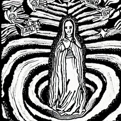 Prompt: An junji ito style drawing of the virgin of guadalupe rising above hundreds of demonic angels