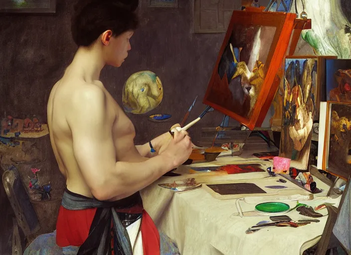 Prompt: a young painter in his studio painting a picture of a colourful pokemon, by edgar maxence and caravaggio and michael whelan and delacroix style, artistic, intricate drawing, cinematic lighting, hyper realistic, extremely detailed, establishing shot, 8 k resolution, dramatic lighting