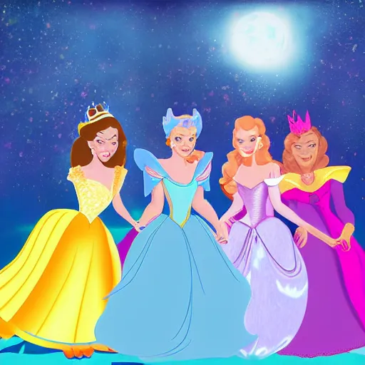 Image similar to digital art illustration of a princess tea party with aurora, belle, and cinderella