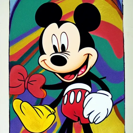 Image similar to mickey mouse on illegal drugs. walt disney original art.